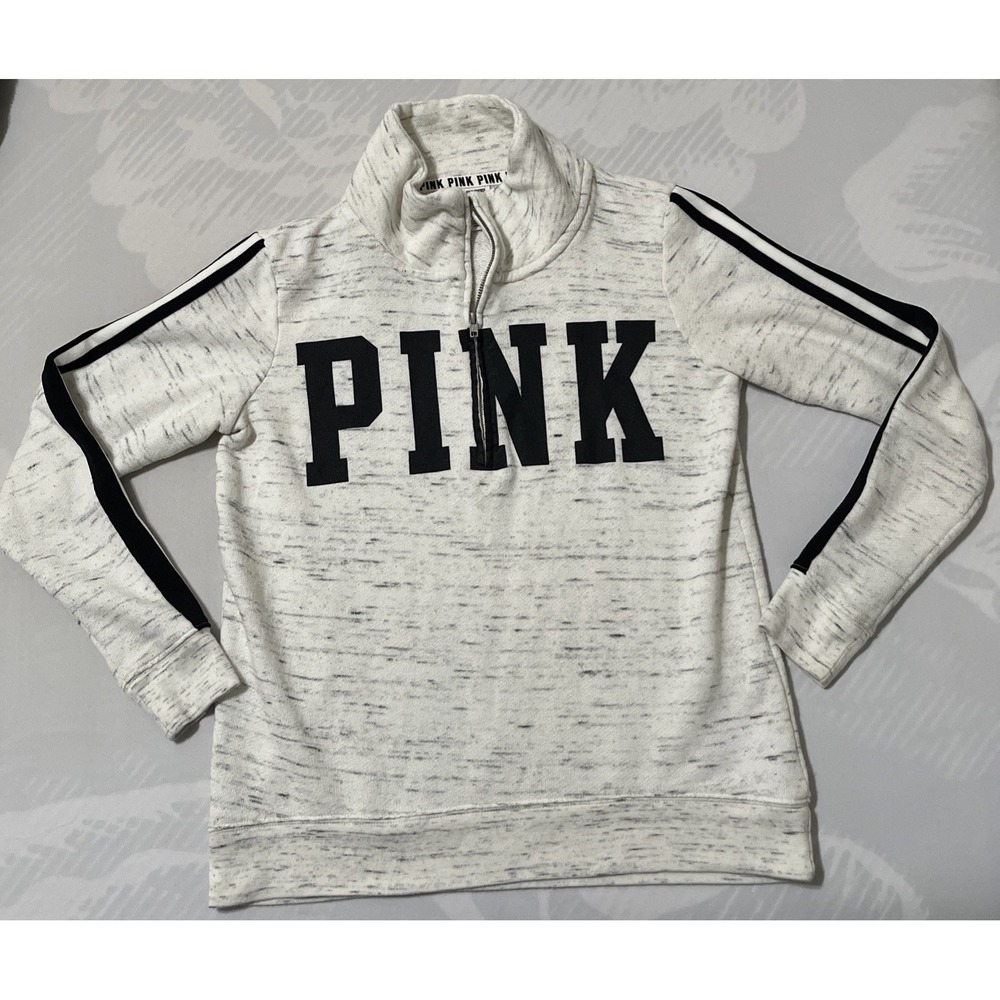PINK Fleece Size XS Womens Victorias Secret 1/4 Zip Pullover White Gray